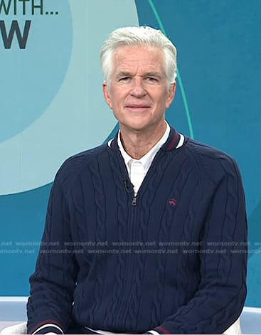 Matthew Modine’s navy cable knit zip sweater on Today