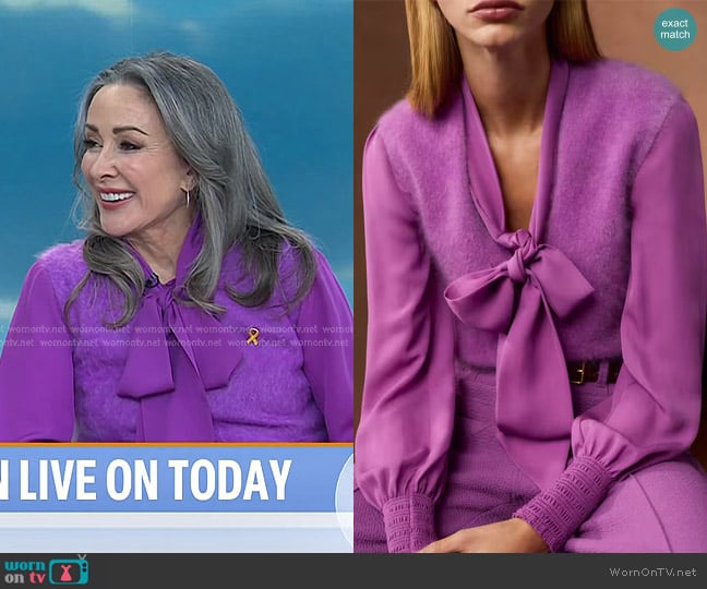 Me + Em Brushed Cashmere V-Neck Crop Vest in Purple worn by Patricia Heaton on Today