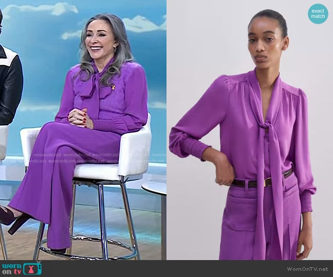 Me + Em Silk V-Neck Tie Swing Blouse in Purple worn by Patricia Heaton on Today