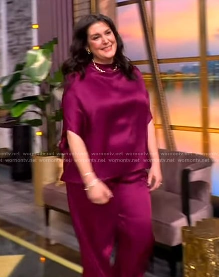 Melanie Lynskey’s purple satin top and pants on The View