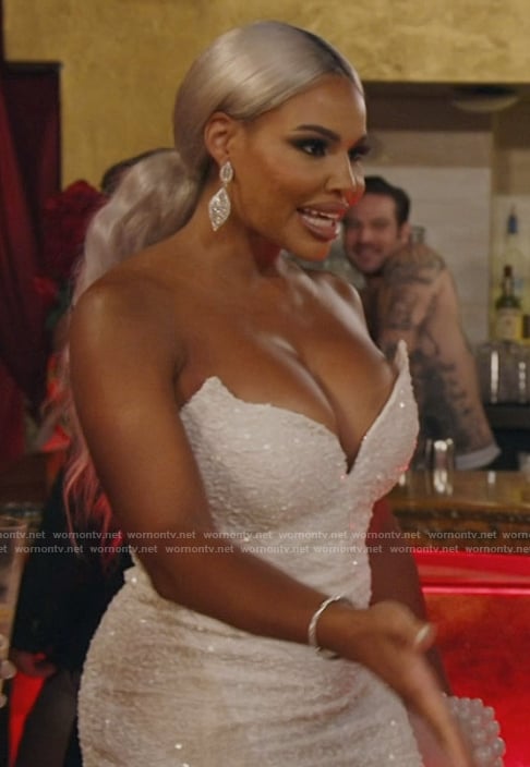 Mia’s white embellished strapless dress on The Real Housewives of Potomac