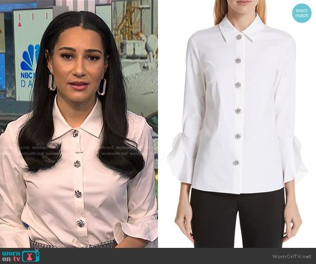 Michael Kors Ruffle Cuff Jeweled Button Blouse worn by Morgan Radford on NBC News Daily