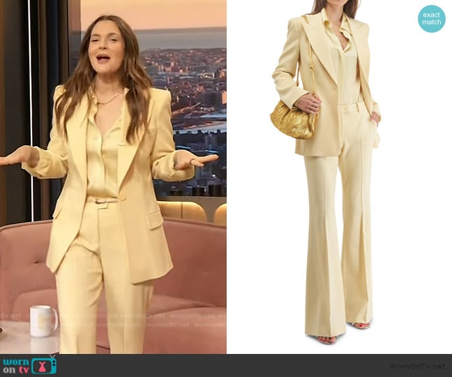 Michael Kors Collection Hansen Parchment Techno Charmeuse Shirt worn by Drew Barrymore on The Drew Barrymore Show