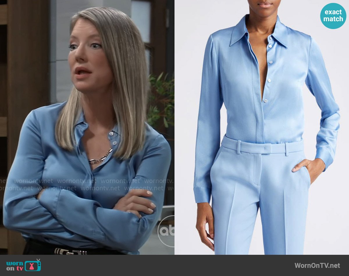 Michael Kors Hansen Charmeuse Button-front Shirt in Coast worn by Nina Reeves (Cynthia Watros) on General Hospital