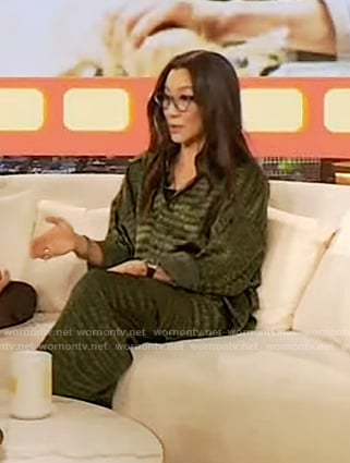 Michelle Yeoh’s green satin croc print top and pants on The Drew Barrymore Show