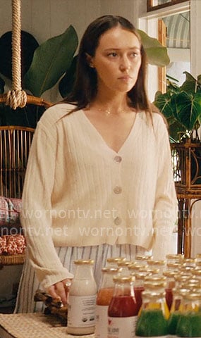 Milla’s white ribbed v-neck cardigan on Apple Cider Vinegar