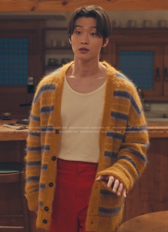 Min Ho's yellow striped cardigan on XO Kitty