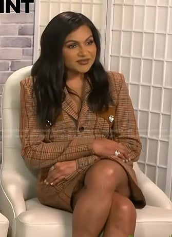 Mindy Kaling's brown plaid blazer dress on Access Hollywood