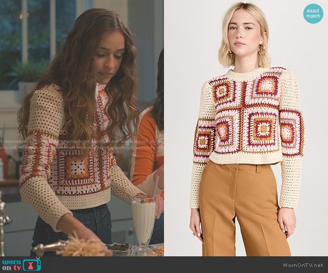 Minkpink Norah Crochet Sweater in Sunset Multi worn by CeCe Matney (Harlan Drum) on Sweet Magnolias