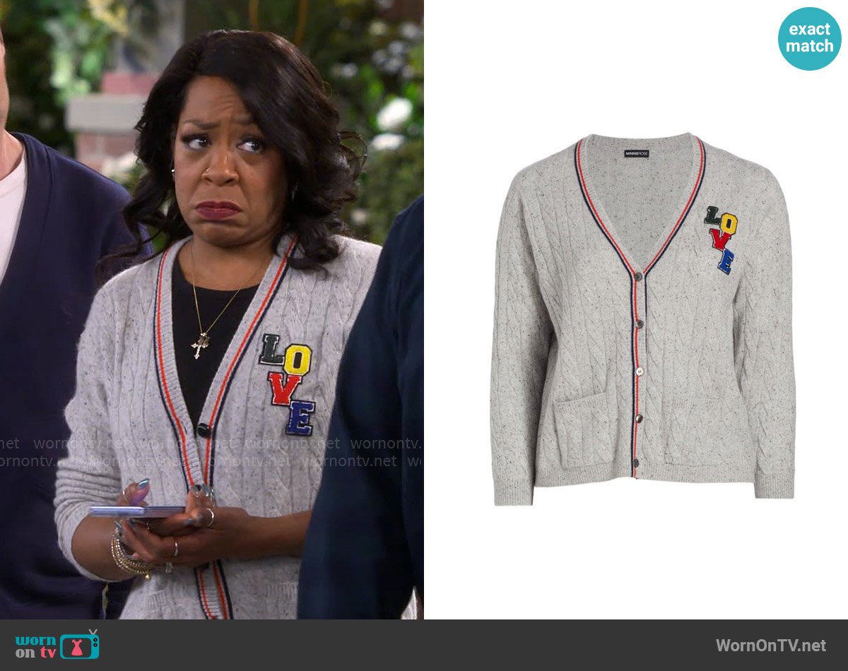 Minnie Rose Love Cashmere Cable-knit Cardigan In Light Grey Donegal worn by Tina Butler (Tichina Arnold) on The Neighborhood