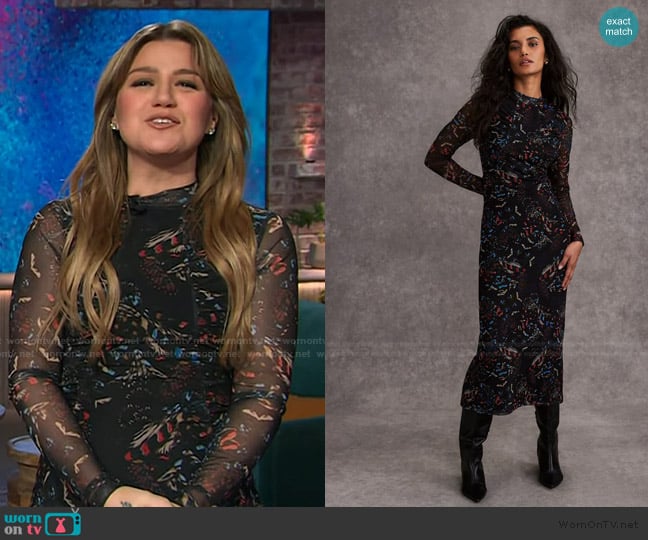 Mint Velvet Black Abstract Print Mesh Midi Dress worn by Kelly Clarkson on The Kelly Clarkson Show