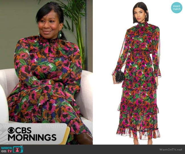 Misa Los Angeles Bethany Dress in Jewel Tone Flora worn by Nicole Avant on CBS Mornings