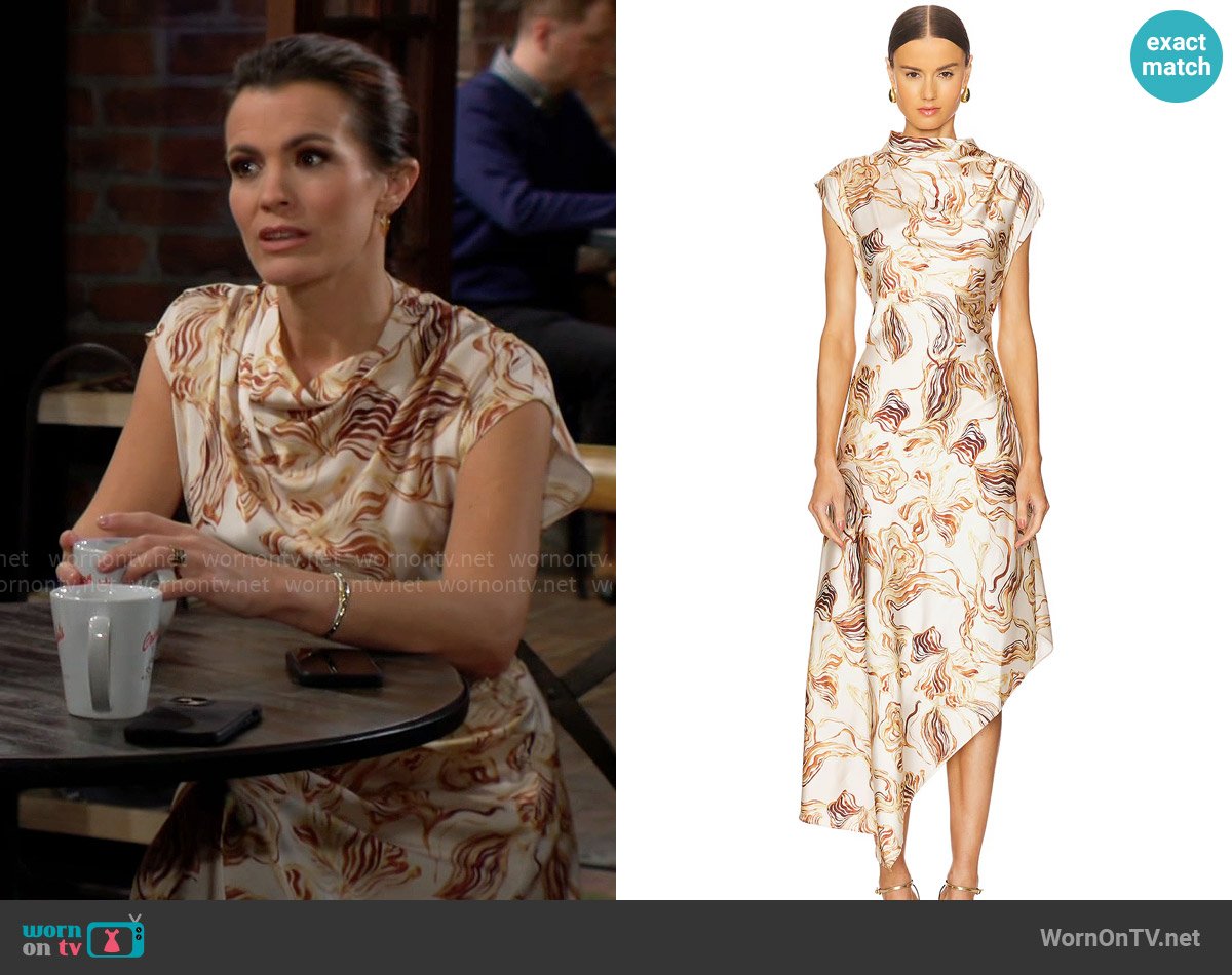 MISA Los Angeles Sally Dress in Golden Straw Satin worn by Chelsea Lawson (Melissa Claire Egan) on The Young and the Restless