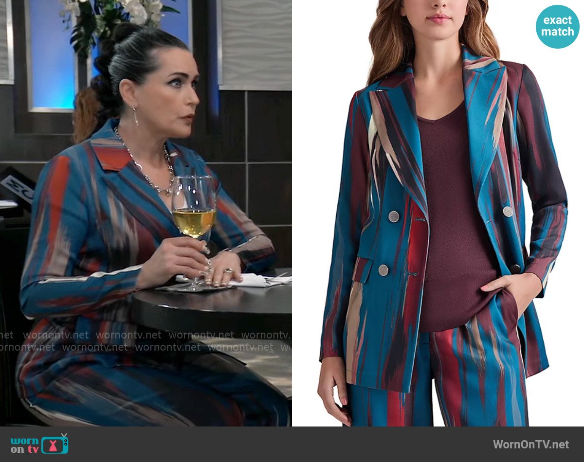 Misook Double Breasted Brushstroke Blazer in Tidal Teal worn by Lois Cerullo (Rena Sofer) on General Hospital