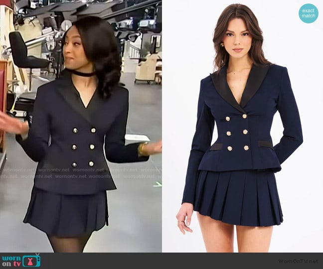 Miss Circle Nasia Navy Blue Double Breast Backless Blazer worn by Colby Muhammad on Access Hollywood