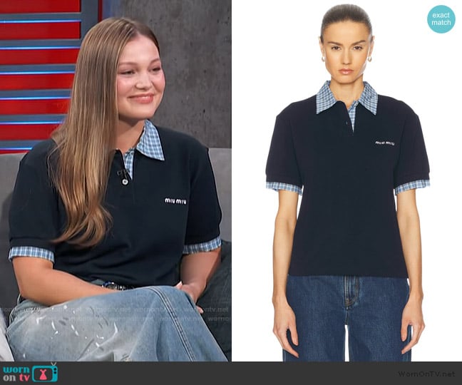 Miu Miu Short Sleeve Polo Top worn by Olivia Holt on Access Hollywood