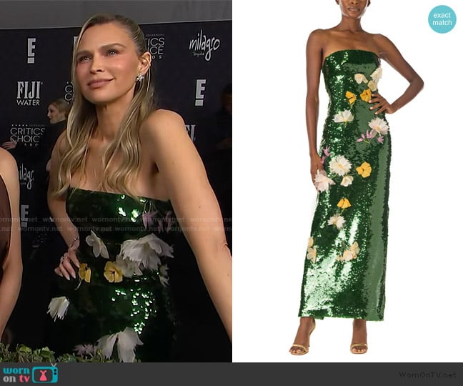 Monique Lhuillier Floral Sequin Column Gown worn by Sara Foster on Access Hollywood