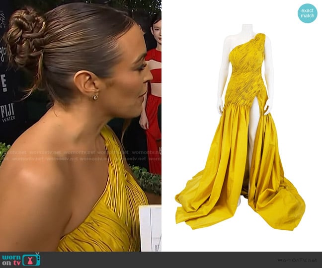 Monsoori Yellow Gathered One Shoulder Dress worn by Emily Orozco on Access Hollywood