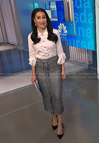 Morgan’s jewel button blouse and metallic knit skirt on NBC News Daily