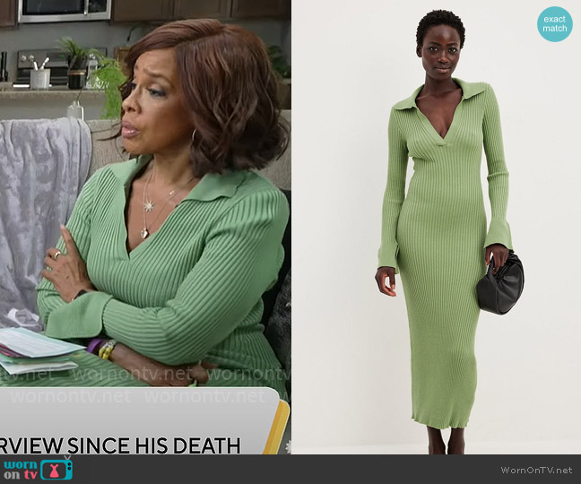 NA-KD Rib Knitted Trumpet Sleeve Dress in Light Green worn by Gayle King on CBS Mornings