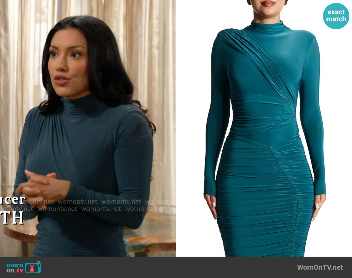 Naked Wardrobe Drama Ruched Long Sleeve Ribbed Body-Con Bodysuit in Deep Teal worn by Audra Charles (Zuleyka Silver) on The Young and the Restless