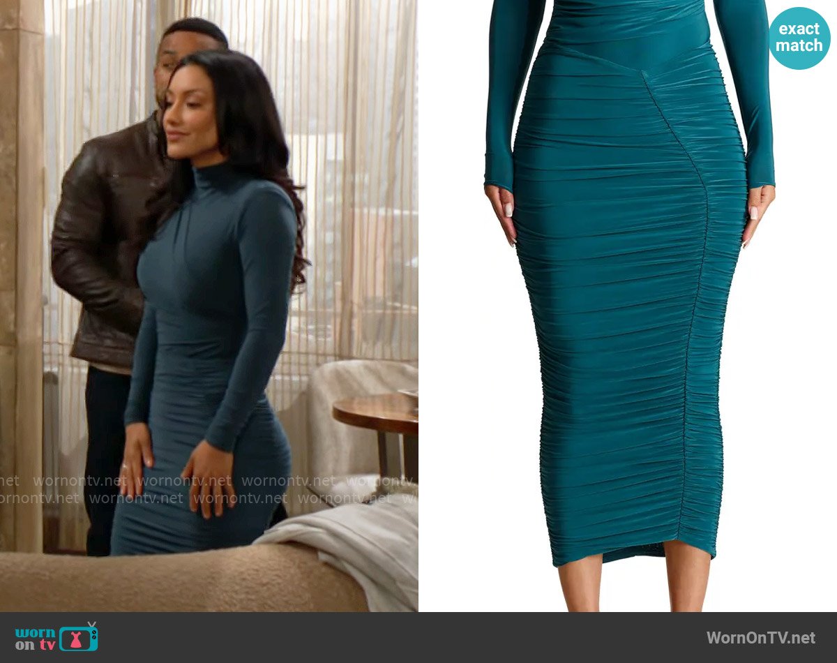 Naked Wardrobe Hourglass V-Waist Ruched Midi Skirt in Deep Teal worn by Audra Charles (Zuleyka Silver) on The Young and the Restless