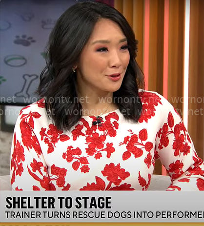 Nancy Chen’s red floral top on CBS Mornings