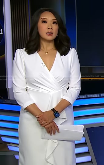 Nancy Chen’s white ruffle front dress on CBS Evening News