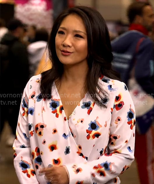 Nancy Chen's white floral wrap blouse on CBS Saturday Morning