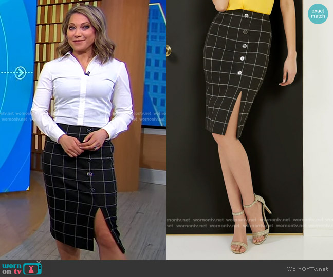 New York & Company Windowpane High-Waisted Pencil Skirt - Superflex worn by Ginger Zee on Good Morning America