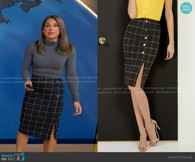 New York & Company Windowpane High-Waisted Pencil Skirt - Superflex worn by Ginger Zee on Good Morning America