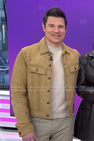 Nick Lachey's beige suede trucker jacket on Today