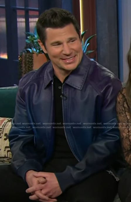 Nick Lachey's metallic purple leather jacket on The Kelly Clarkson Show