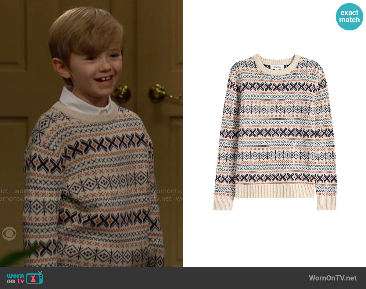 Nordstrom Fair Isle Cotton Crewneck Sweater in Beige Heather Geo Fairisle worn by Harrison Abbott (Redding Munsell) on The Young and the Restless