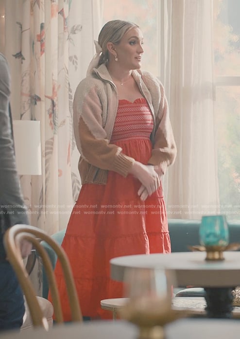 Noreen's red embroidered dress and cardigan on Sweet Magnolias