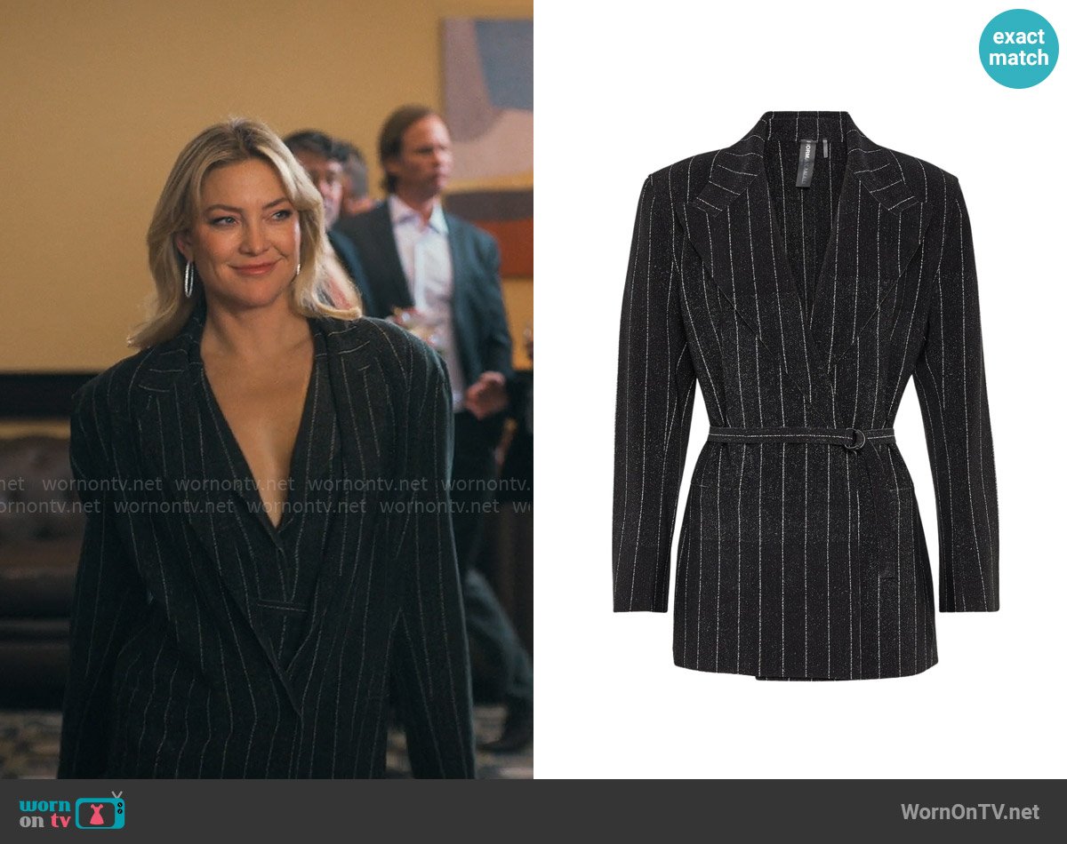 Norma Kamali Classic Single Breasted Jacket in Woven Pinstripe worn by Isla Gordon (Kate Hudson) on Running Point