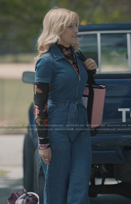 Olivia's denim jumpsuit and floral mesh top on Sweet Magnolias