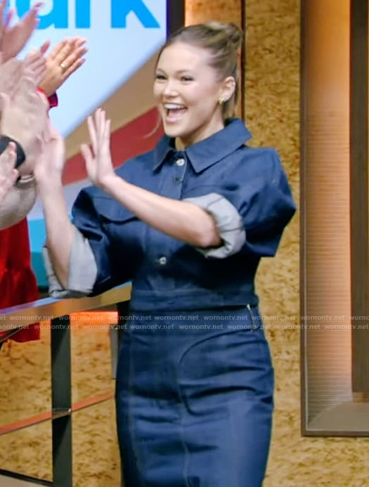 Olivia Holt's denim jacket and skirt on Live with Kelly and Mark