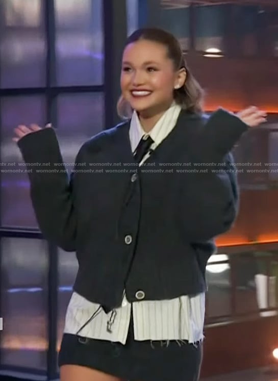 Olivia Holt’s gray cardigan on The Kelly Clarkson Show