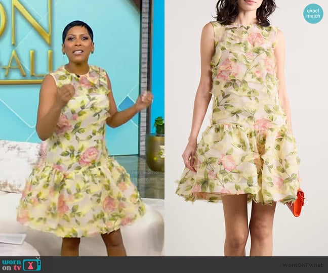 Oscar de la Renta Tiered floral-print silk-blend georgette mini dress worn by Tamron Hall on Tamron Hall Show