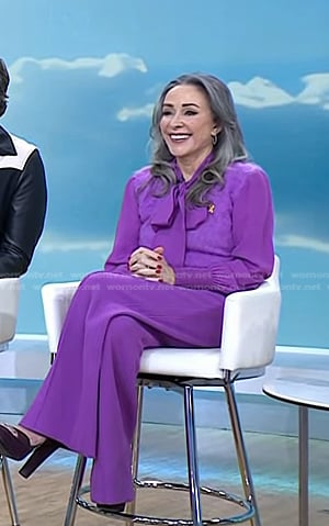 Patricia Heaton’s purple tie neck blouse and mohair vest on Today