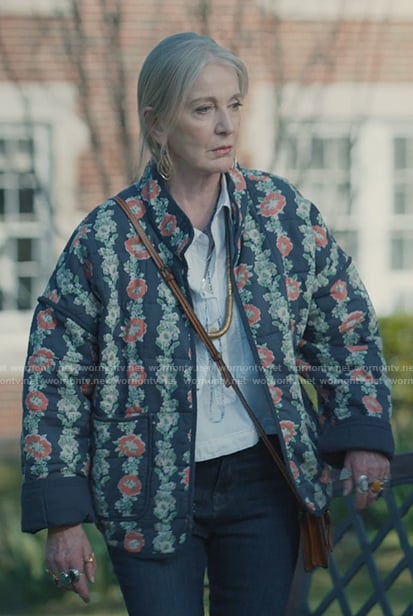 Paula's blue floral print quilted jacket on Sweet Magnolias