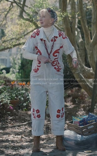 Paula's white embroidered jumpsuit on Sweet Magnolias