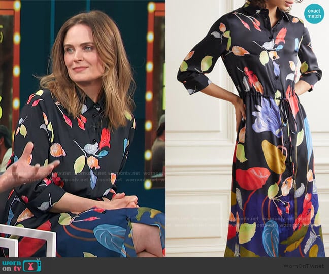 Peter Pilotto Floral Print Satin Faille Shirtdress worn by Emily Deschanel on Access Hollywood