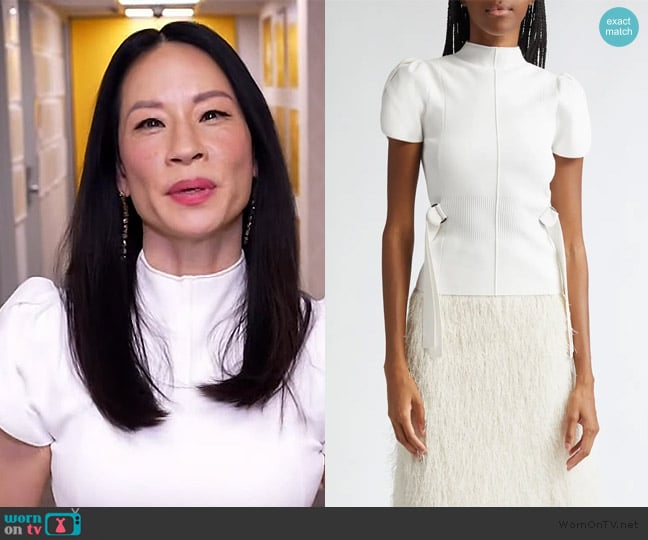 3.1 Phillip Lim Puff Sleeve Mock Neck Rib Top worn by Lucy Liu on The Drew Barrymore Show