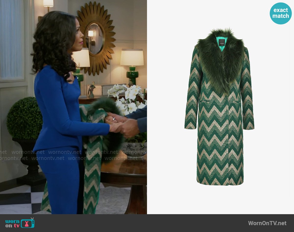 Pinko Libra Chevron-jacquard Coat With Faux-fur Collar worn by Dani Dupree (Karla Mosley) on Beyond the Gates