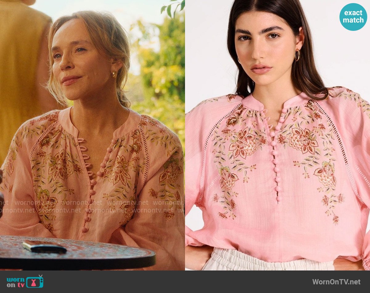 Piper Ramie High Neck Button Blouse in Light Pink worn by Tamara (Susie Porter) on Apple Cider Vinegar