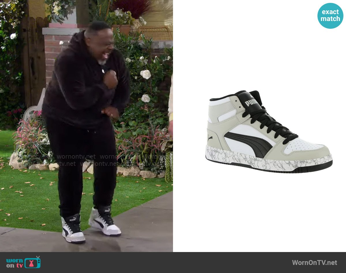 Puma Rebound Layup Sneakers in Puma White/Puma Black/Gray Violet worn by Calvin (Cedric The Entertainer) on The Neighborhood