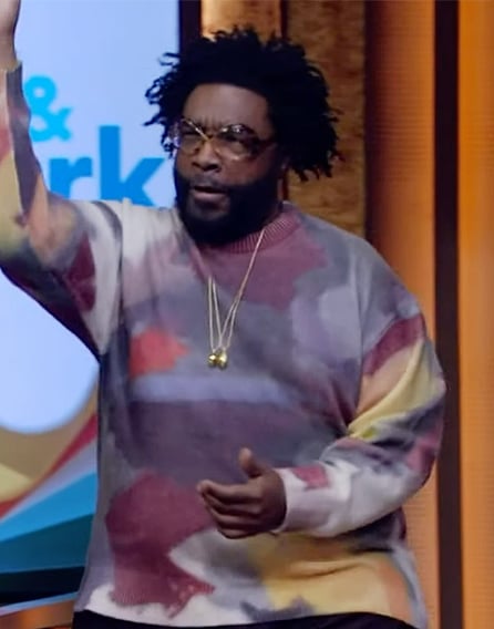 Questlove’s abstract print sweater on Live with Kelly and Mark