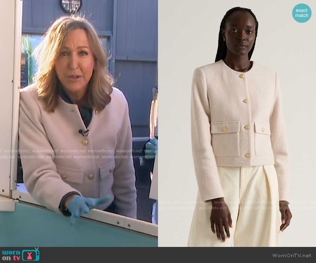 Quince 100% Merino Wool Collarless Cropped Jacket in Heather Bone worn by Lara Spencer on Good Morning America